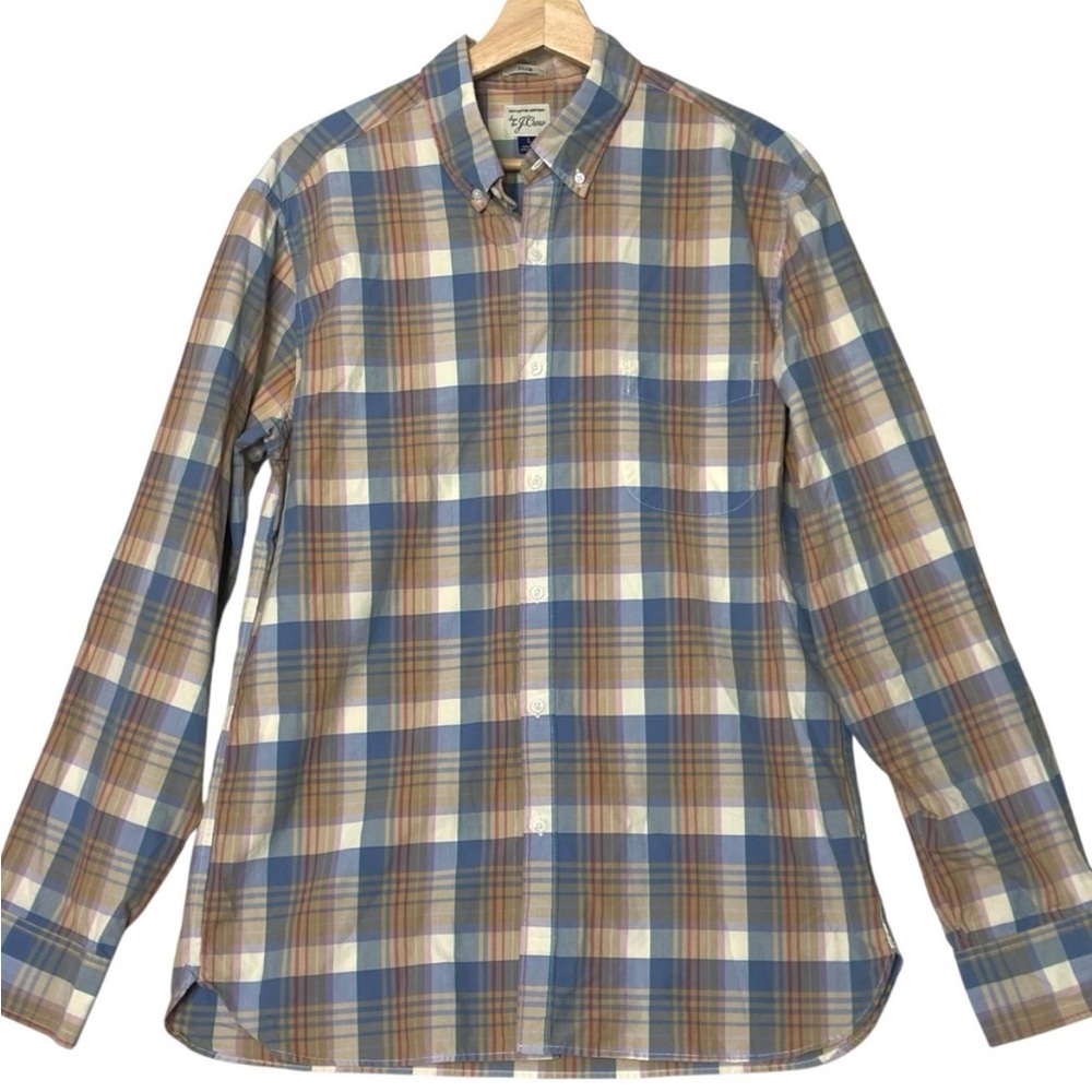 J.CREW Plaid Slim Button Down Shirt Mens Lg Brown Blue Heritage Classic
